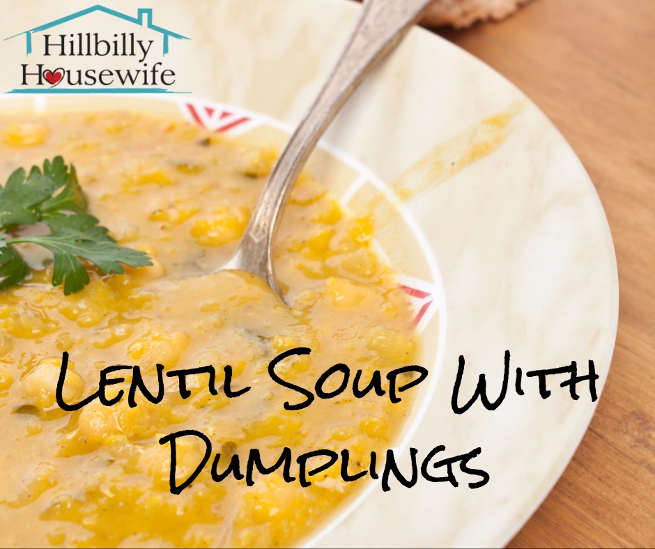 My favorite frugal soup dish. The dumplings make this simple lentil and vegetable soup filling. 