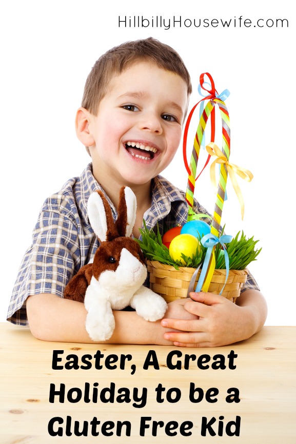 Happy little boy with an easter basket full of gluten free goodies and a stuffed bunny. 