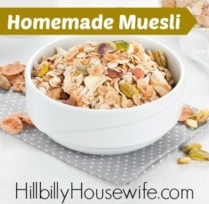 Close up of bowl full of homemade muesli with nuts
