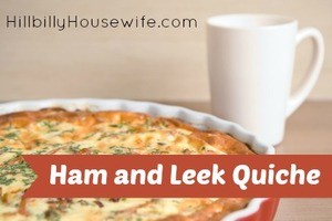 A simple quiche made with ham, leek, eggs and cheese