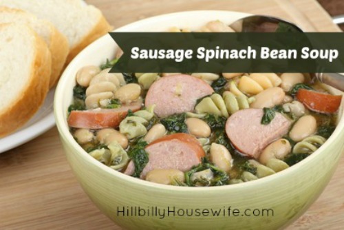 Bowl of kielbasa bean and spinach soup