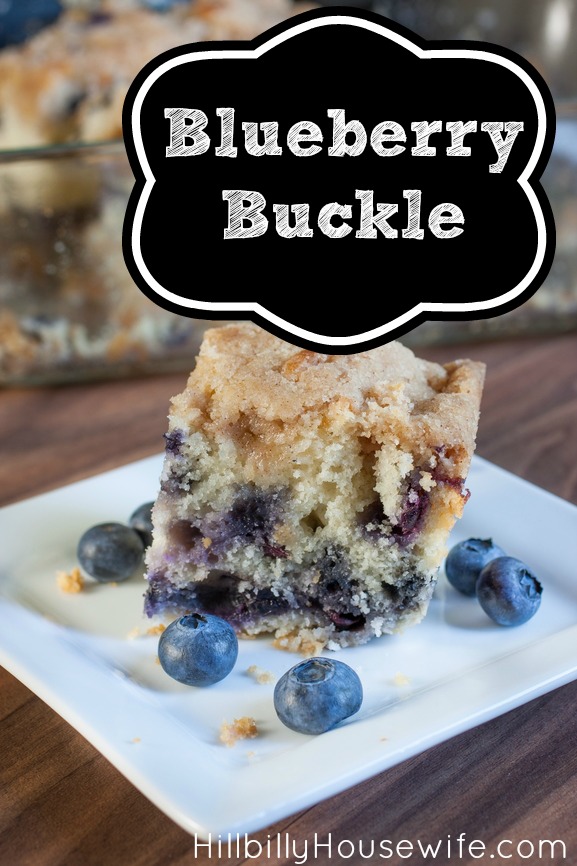 Slice of blueberry buckle with some fresh berries