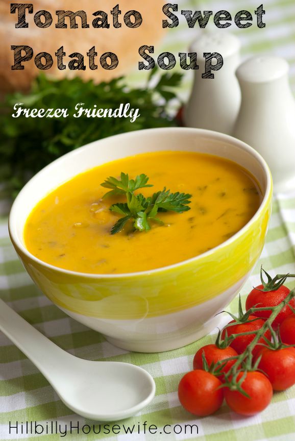 Delicious soup made from sweet potatoes and tomatoes. Freezes well. 