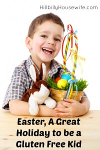 Happy little boy with an easter basket full of gluten free goodies and a stuffed bunny.