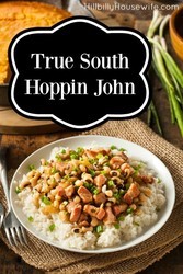 Hoppin John is a classical southern dish that's as tasty as it is frugal. Served over rice, the ham, black eyed peas and veggies burst with flavor and fill you up.