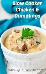 Easy slow cooker chicken and dumplings stew made with chicken breast, cream of chicken soup and refrigerator biscuits.