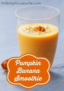 Glass of pumpkin smoothie blended with frozen banana and milk.