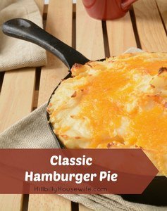 Cast iron hamburger pie made with ground beef and mashed potatoes