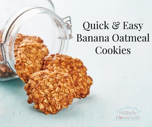 Glass jar with cookies spilling out of them. Text reads "Quick & Easy Banana Cookies"