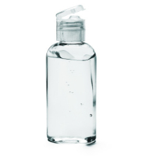 Small bottle of clear alcohol-based hand sanitizer