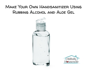 Bottle of clear hand sanitizer - Text: Make Your Own HandSanitizer with Rubbing Alcohol and Aloe Gel