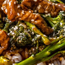 Closeup of beef and broccoli