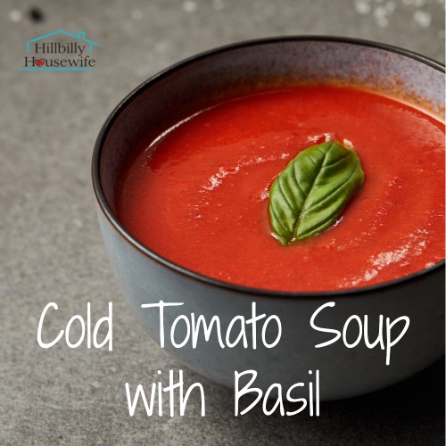 A bowl of cold tomato soup with a basil leave on top