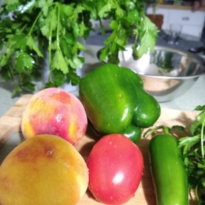 Peaches, tomato, bell pepper, jalapeno ready to make peach salsa